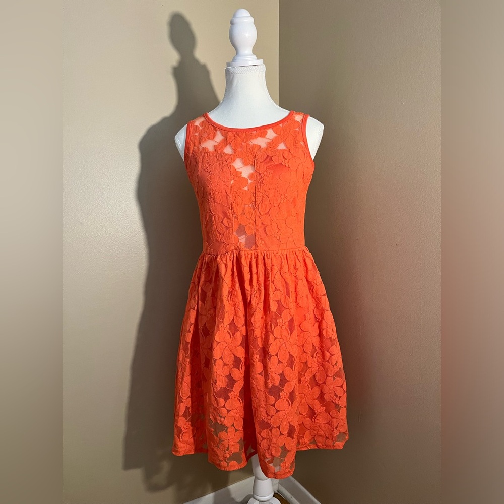 Ya Los Angeles Women's Size L Orange Lace Dress Sleeveless Back Zip Peek A Boo